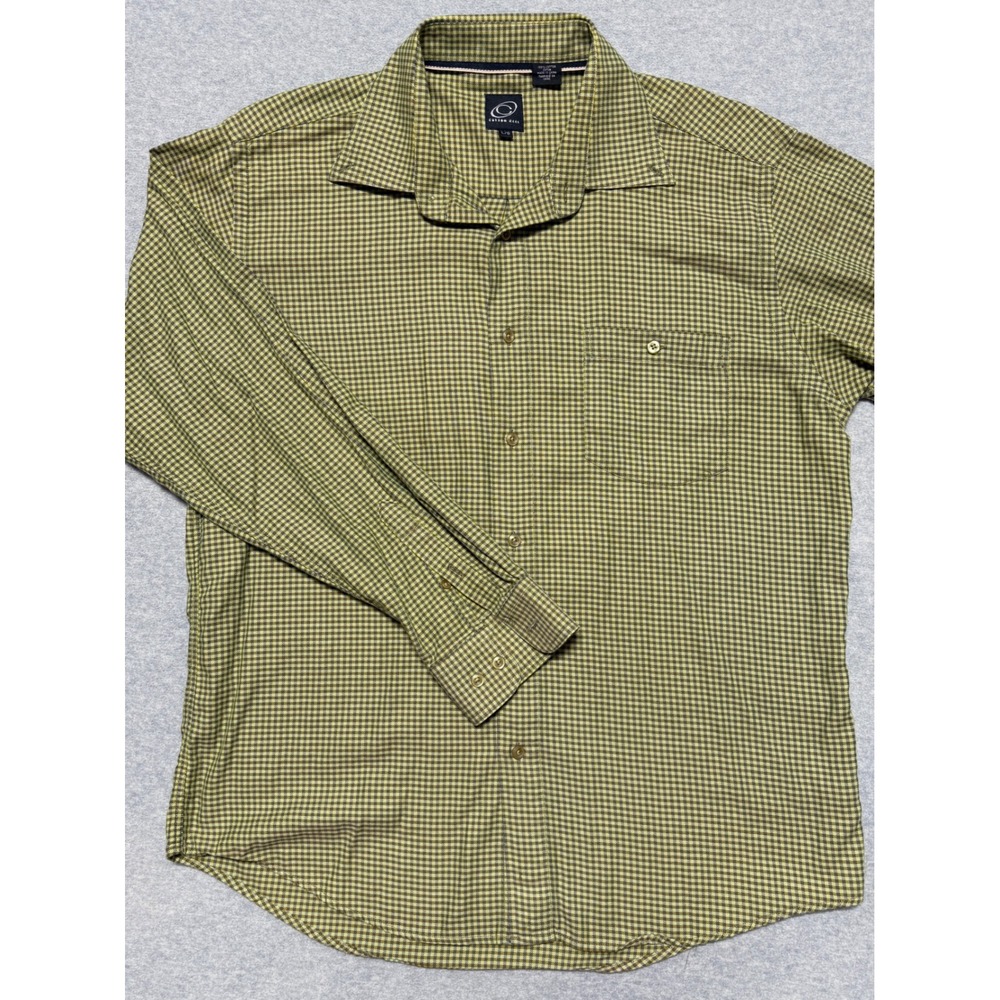 Cotton Reel Mens Large Olive Green Micro Check Cotton Long Sleeve Button Down
